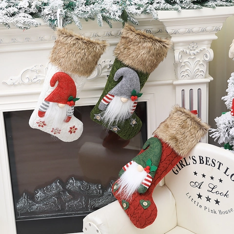 Knitted Christmas Stockings With 3D Gnome Faux Fur Cuff Large Xmas Fireplace Hanging Gift Bags Festive Holiday Decor