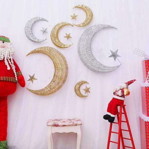 Decorazione Natalizia Da Appendere Luna E Stella Ferro Glitter Maglia Arredamento Per Centro Commerciale Casa Festa Parete Finestra