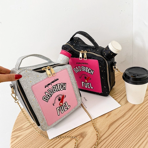 Kreative Kraftstoffkanister Umhängetasche Pailletten PU Leder Buchstabenstickerei Metallkette Neuheit Schultertasche