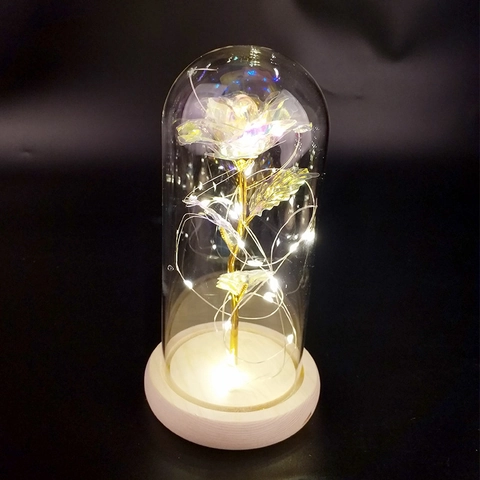 Rosa In Foglia D'oro Artificiale In Cupola Di Vetro Con Luci LED Base In Legno Regalo Romantico San Valentino