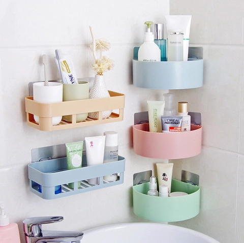 Scaffale Portaoggetti Da Parete Plastica PP Senza Foro Adesivo Organizzatore Bagno Cucina Cesto Stile Nordico
