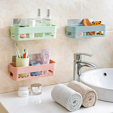 Scaffale Portaoggetti Da Parete Plastica PP Senza Foro Adesivo Organizzatore Bagno Cucina Cesto Stile Nordico