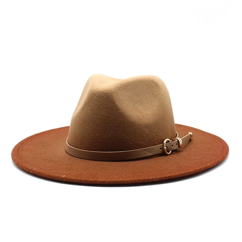Fedora Hut Mit Breiter Krempe Wollfilz Farbverlauf Dualer Ton Jazz Kappe Mit Guertelschnalle Vintage Eleganter Stil Unisex