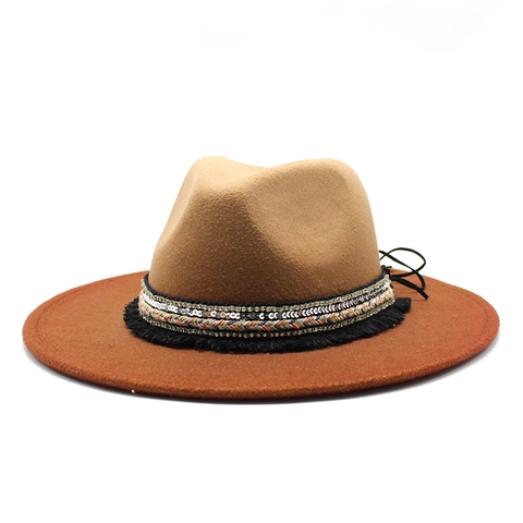 Wide Brim Fedora Hat Wool Felt Two Tone Ethnic Band With Sequins And Tassels Bohemian Vintage Jazz Hat For Women Men