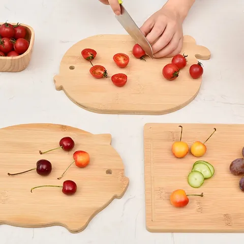 Natural Bamboo Cutting Board Double Sided Cartoon Pig Fish Shape Chopping Block For Fruit Vegetable Baby Food Unpainted