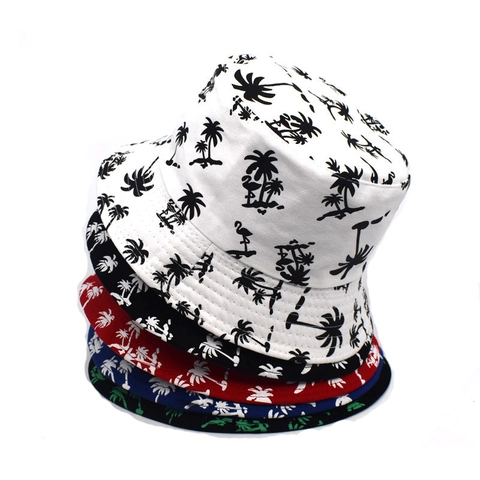 Cappello Alla Pescatora In Cotone Con Stampa Palme Reversibile Doppio Lato Estate Esterno Cappello Da Sole Spiaggia Uomo Donna