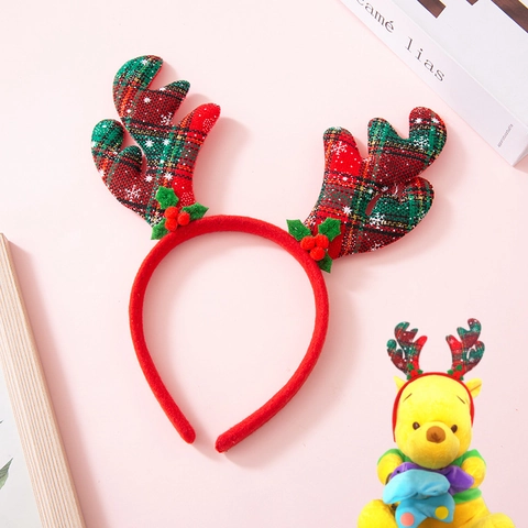 Christmas Reindeer Antler Headband Plaid Cloth Snow Pattern With Berries And Leaves Holiday Party Hair Accessories