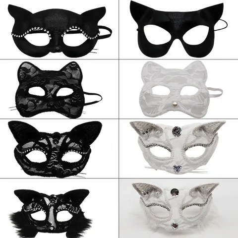 Spitze Katzenmaske Maskeraden Augenmaske Mit Strass Künstliche Perlen Quasten Kunstpelz Sexy Cosplay Halloween Party Zubehoer