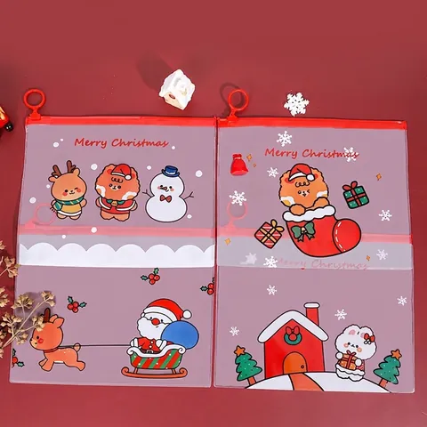 Borsa Per Documenti Di Natale PVC Trasparente Smerigliato Impermeabile Con Cerniera Ad Anello Cartone Animato Babbo Natale Organizzatore
