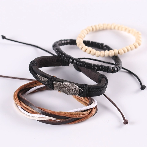 Bracciale Multistrato Uomo Pelle Perline Legno Fascino Ala Lega Corda Intrecciata Vintage Bohemian Gioielli