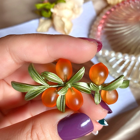 Broche Fruit Orange Vintage Alliage Verre Feuilles Vertes Style Pastoral Bijoux Élégants Pour Femmes