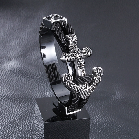 Herren Armband Schwarz Geflochtenes Leder Edelstahl Totenkopf Ankerverschluss Punk Gothic Schmuck