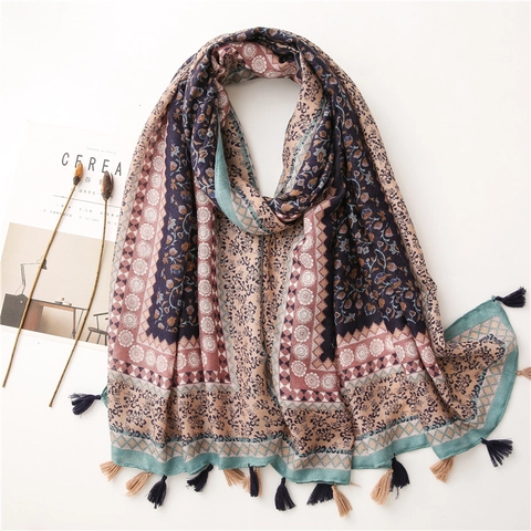 Ethnischer Boheme Schal Mit Blumendruck Damen Polyester Leinen Haptik Quasten Geometrisches Pashmina Wickeltuch
