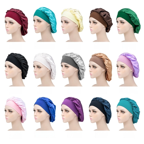 Solid Color Wide Elastic Band Satin Sleep Bonnet Hair Care Beauty Night Cap Soft Breathable For Women Long Hair