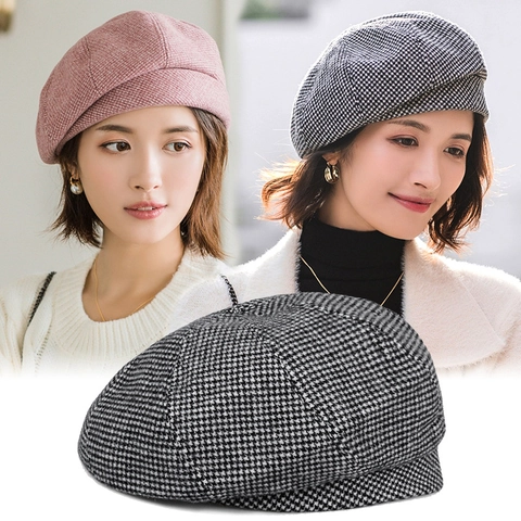 Damen Karo Baskenmütze Retro Hahnentritt Achteckige Malermütze Für Winter Herbst Warm Acrylmischung Mode Kopfbedeckung