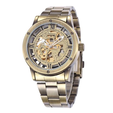 Men Skeleton Mechanical Watch Retro Bronze Alloy Case Roman Numerals Leather Strap Classic Vintage Style Wristwatch