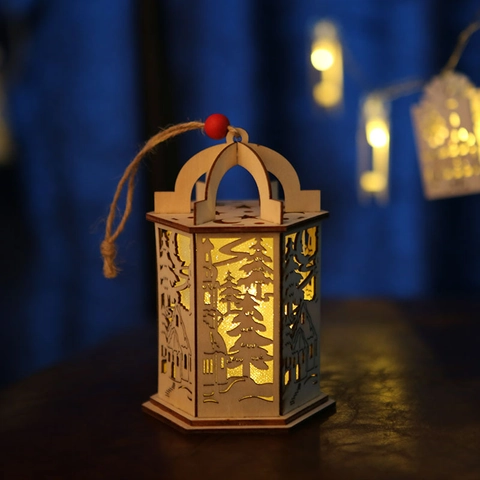 Christmas Wooden Hanging Lantern Ornament LED Warm Light Hollow Reindeer Snowflake Nativity Scene Home Party Window Decor Rustic