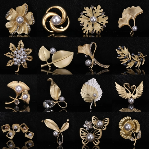Matte Alloy Brooch Pin With Imitation Artificial Pearl And Rhinestone Floral Leaf Butterfly Design For Women Elegant Accessory