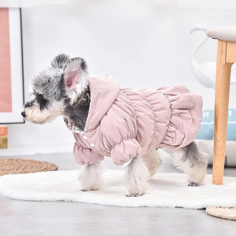 Cappotto Vestito Imbottito Invernale Cane Cappuccio Caldo Fodera Floreale Flanella Cotone Vestiti Per Cani Piccoli Cuccioli Rosa Blu