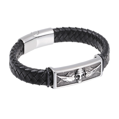 Men Bracelet Woven Leather Stainless Steel Skull Wing Relief Punk Rock Retro Jewelry Accessory Bangle