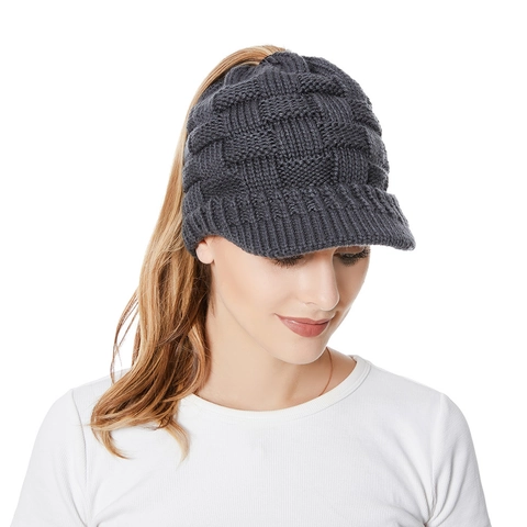 Knitted Ponytail Visor Beanie Hat For Women Acrylic Cable Knit Winter Warm Outdoor Short Brim Hat