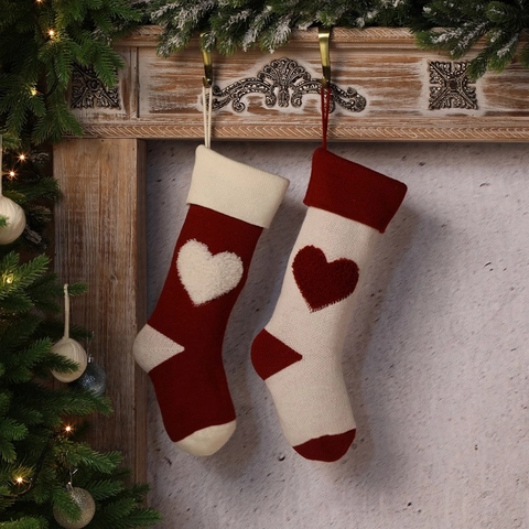 Knitted Christmas Stocking With 3D Heart Pattern Acrylic Integrated Knitting Candy Gift Bag Home Holiday Decor