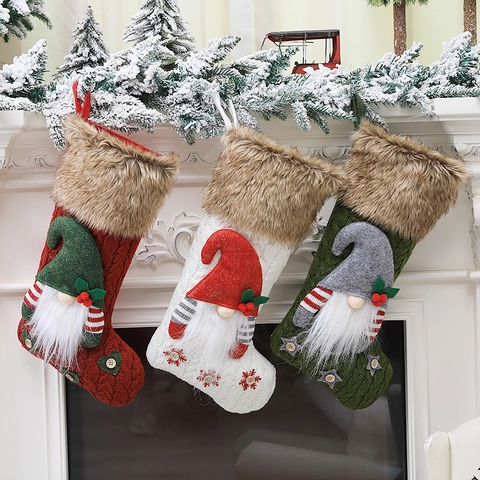 Knitted Christmas Stockings With 3D Gnome Faux Fur Cuff Large Xmas Fireplace Hanging Gift Bags Festive Holiday Decor