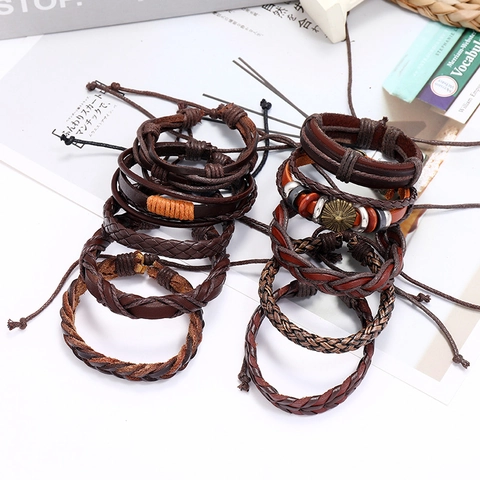 Bracciali Pelle Intrecciata Uomo Vintage Punk Etnico Fatto Mano Pelle Vacchetta Corda Cera Perline Legno Ciondoli Lega