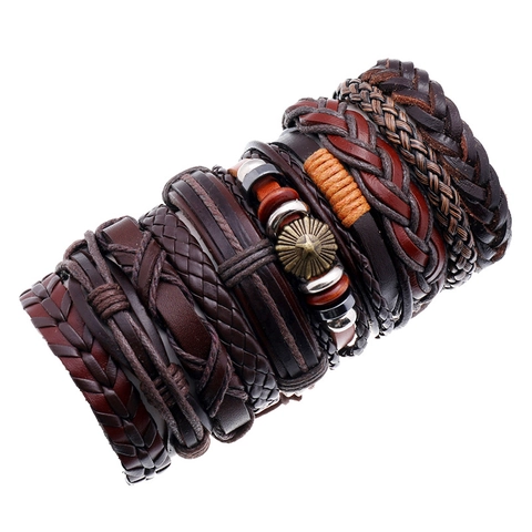 Bracciali Pelle Intrecciata Uomo Vintage Punk Etnico Fatto Mano Pelle Vacchetta Corda Cera Perline Legno Ciondoli Lega
