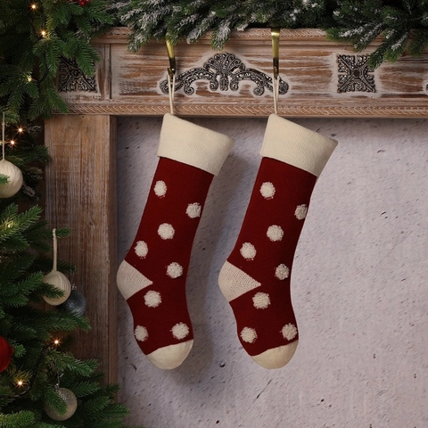 Christmas Stocking Knitted Polka Dot 3D Design Hanging Candy Gift Bag Holiday Decor Red Ivory White Acrylic Ornament