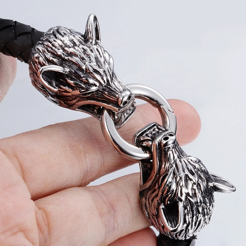 Pulsera Cabeza De Lobo Vikingo Acero Inoxidable Cuero Trenzado Joyería Punk Nórdica Vintage Accesorios Para Hombres