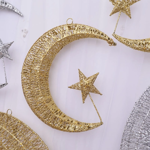 Decorazione Natalizia Da Appendere Luna E Stella Ferro Glitter Maglia Arredamento Per Centro Commerciale Casa Festa Parete Finestra