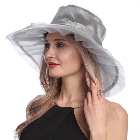 Women Organza Sun Hat Wide Brim Flower Kentucky Derby Church Party Elegant Breathable Foldable Wedding Summer