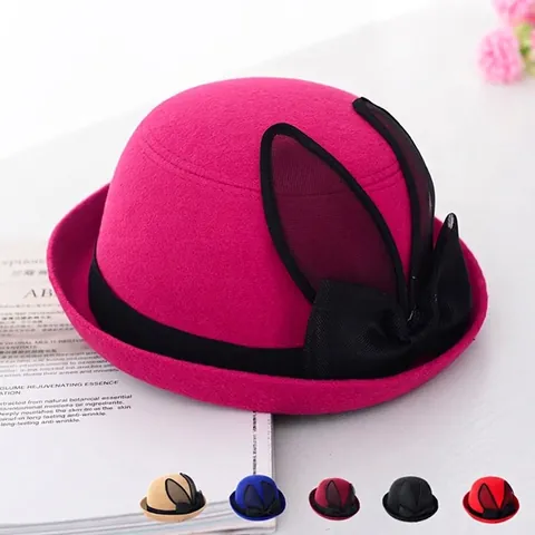 Women Fedora Hat Faux Wool Felt Elegant Round Top With Mesh Rabbit Ears And Large Bow Vintage British Style