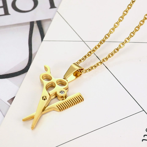 Scissor Comb Pendant Necklace Stainless Steel Rhinestone Barber Hair Stylist Hip Hop Personality Jewelry For Men Women