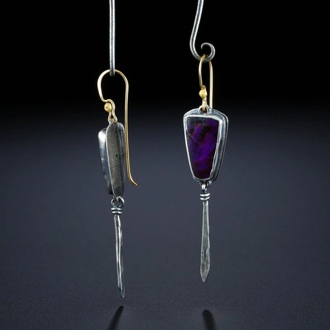 Vintage Druppeloorbellen Voor Dames Retro Legering Lange Conische Paarse Steen Patroon Boheems Geometrische Sieraden