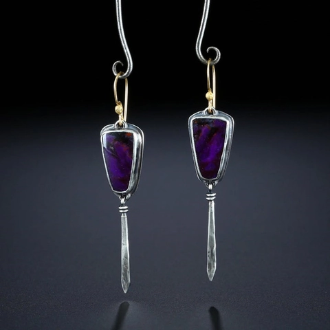 Vintage Druppeloorbellen Voor Dames Retro Legering Lange Conische Paarse Steen Patroon Boheems Geometrische Sieraden