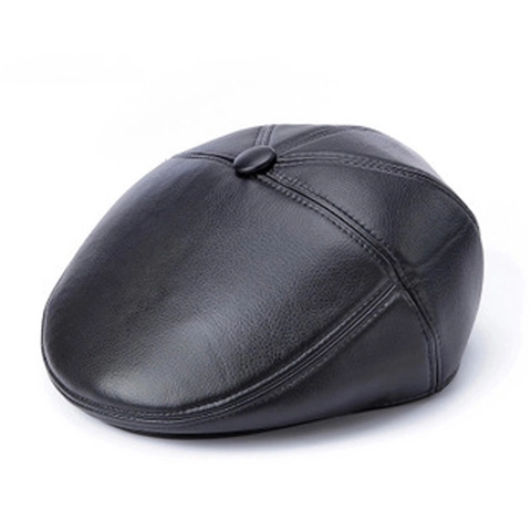 Men's Faux Leather Flat Cap Classic Winter Warm Ivy Newsboy Driving Hat With Ear Protection Solid Color