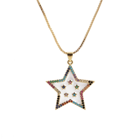 Star Moon Pendant Necklace Copper Micro Inlaid Colored Zircon Trendy Dainty Box Chain Jewelry For Women