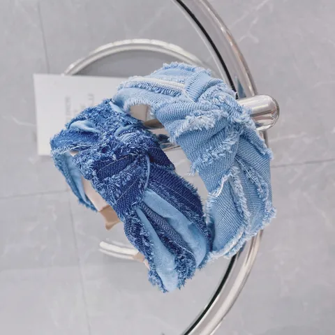 Knotted Denim Fabric Headband Wide Frayed Edge Hairband Retro Wash Denim Hair Accessories For Women Daily Casual Style