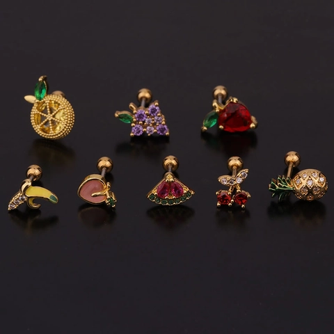 Fruit Stud Earrings Copper Zircon Stainless Steel Screw Back Helix Cartilage Piercing Jewelry For Women Girls Cute