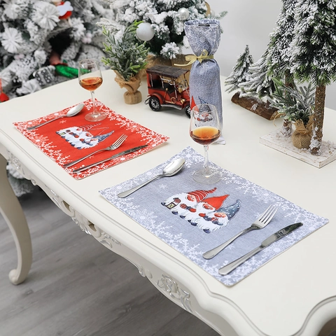 Manteles Individuales De Navidad Tela Lino No Tejida Patrón Gnomo Copo De Nieve Para Decoración De Mesa