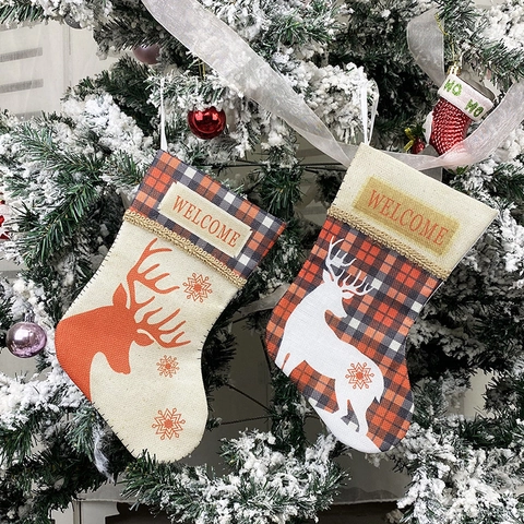 Calza Di Natale Lino Iuta Quadri Renna Fiocco Di Neve Benvenuto Ricamo Decorazione Sospesa Albero Sacchetto Regalo
