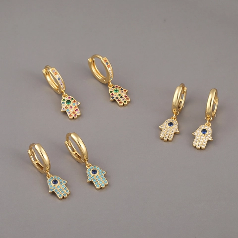 Hamsa Hand Evil Eye Dangle Hoop Earrings Gold Plated Copper Colorful Cubic Zirconia Jewelry For Women Retro Exotic