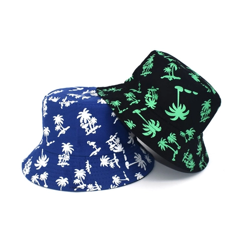 Cappello Alla Pescatora In Cotone Con Stampa Palme Reversibile Doppio Lato Estate Esterno Cappello Da Sole Spiaggia Uomo Donna