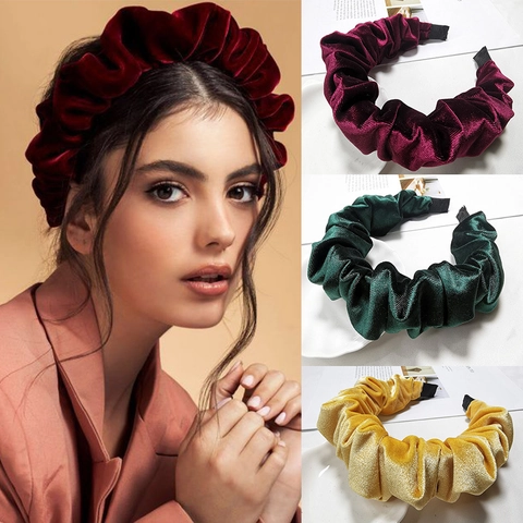 Velvet Pleated Ruched Headband Wide Solid Color Retro Hair Hoop Accessories For Women