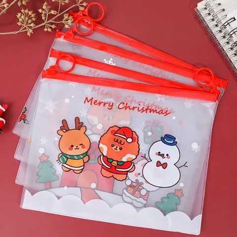 Borsa Per Documenti Di Natale PVC Trasparente Smerigliato Impermeabile Con Cerniera Ad Anello Cartone Animato Babbo Natale Organizzatore