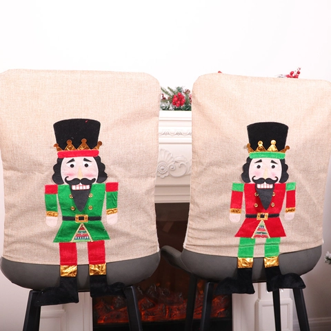 Christmas Nutcracker Soldier Chair Covers Faux Linen Burlap Holiday Dining Room Decor Festive Home Party Decoration