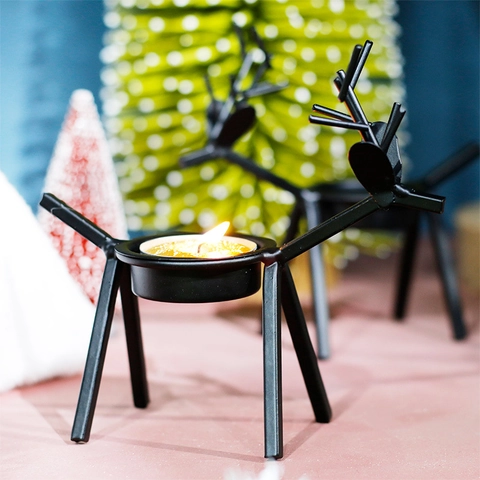 Christmas Reindeer Candle Holder Metal Iron Tea Light Stand Winter Desktop Decoration Home Restaurant Nordic Style Black