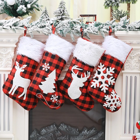 Buffalo Karo Weihnachtsstrumpf Mit Kunstfell-Manschette Besticktes Rentier Weihnachtsbaum Schneeflocke Feiertag Socke Tasche